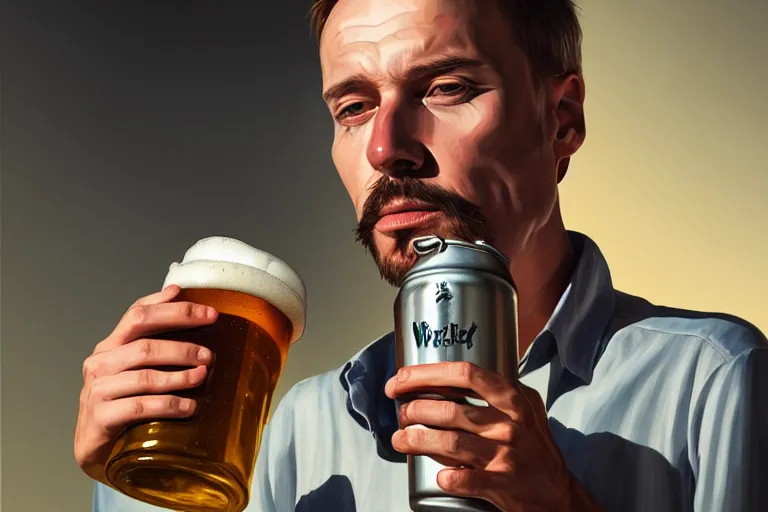 Image similar to portrait of Man drinking beer from steel can, elegant, highly detailed, smooth, photoreal, sharp focus, illustration, beautiful, geometric, dmt trending on artstation, cinematic, artwork by WLOP