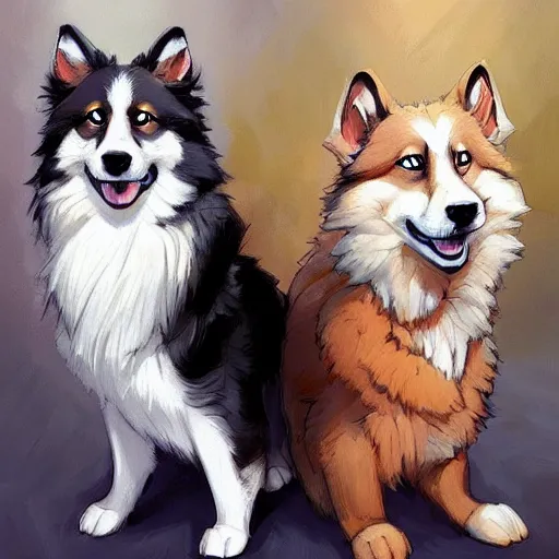 Prompt: two finnish lapphunds, one brown tan domino one black white markings, pointy ears, fanart ornate fantasy silent hill cover style official behance hd artstation by jesper ejsing, by rhads, makoto shinkai and lois van baarle, ilya kuvshinov, rossdraws pastel vibrant