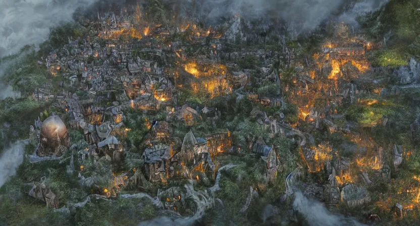 Prompt: Detailed overhead Photorealistic Map of small village in magical world, war torn, fire, evil, mist, siege, battlefield, trenches, miniature, gritty, dragon, goblins, orcs, giants, forest, Greg Rutkowski, trending on Artstation