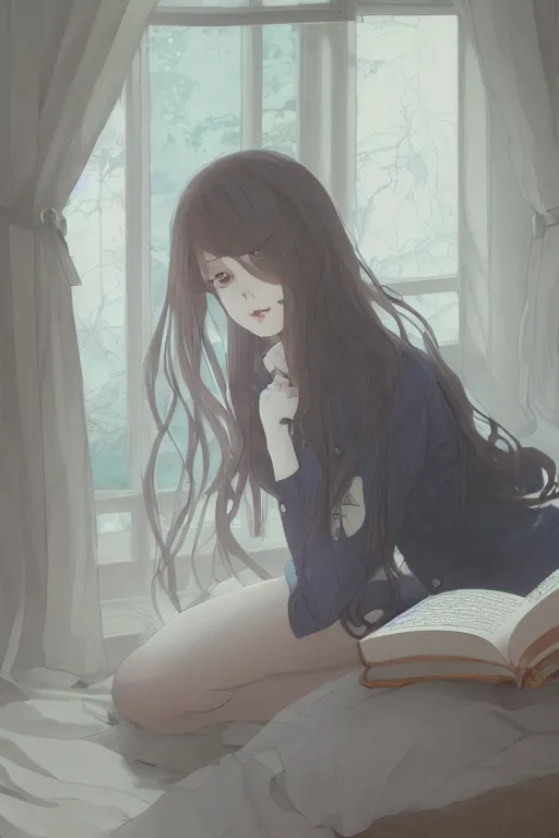 Image similar to a girl in a jk uniform outfit in the bedroom reading a book in a night, raining outside the window, dark and grey theme ， wavy white long hair, by krenz cushart and mucha and akihito yoshida and greg rutkowski and makoto shinkai, detailed eyes, 4 k resolution