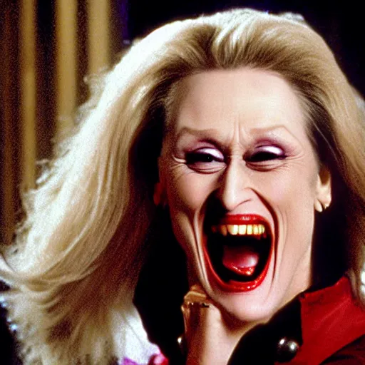 Image similar to evil vampire Meryl Streep with huge fangs