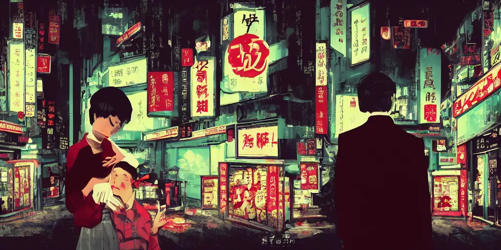 Prompt: style of wong kar - wai and in the mood for love, background in 7 - 1 1 store, background blur, two cartoon sprites talking with each other, cinematic, movie scene, high details, romantic