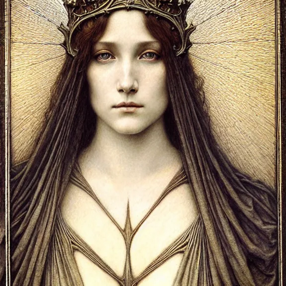 Image similar to detailed realistic beautiful young medieval queen face portrait by jean delville, gustave dore and marco mazzoni, art nouveau, symbolist, visionary, gothic, pre - raphaelite. horizontal symmetry