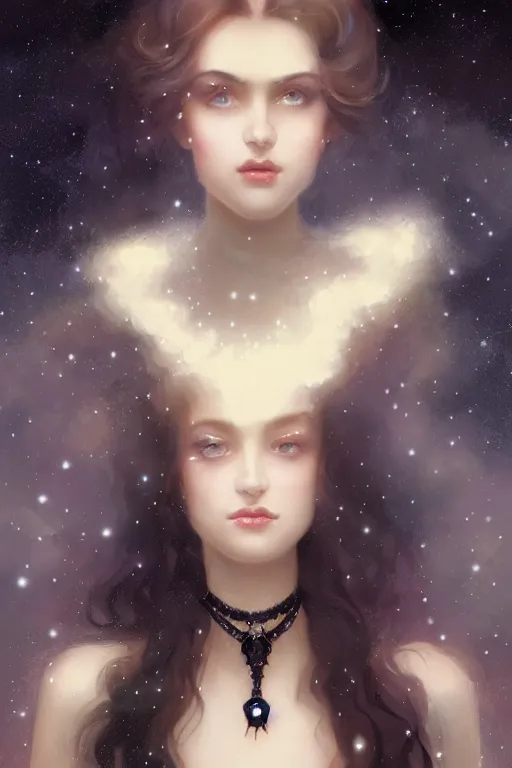 Image similar to Nocturne, glowing, stars, a long-legged elegant sultry woman, long ombre hair, pearl choker, highly detailed, mysterious, ethereal, dressed in black velvet, haute couture, illustration, dramatic lighting, soft details, painting, by Edmund Blair Leighton, Brom, Charlie Bowater, trending on artstation, faces by otto schmidt