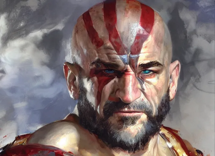 Image similar to a highly detailed beautiful portrait of robert deniro as kratos, by gregory manchess, james gurney, james jean