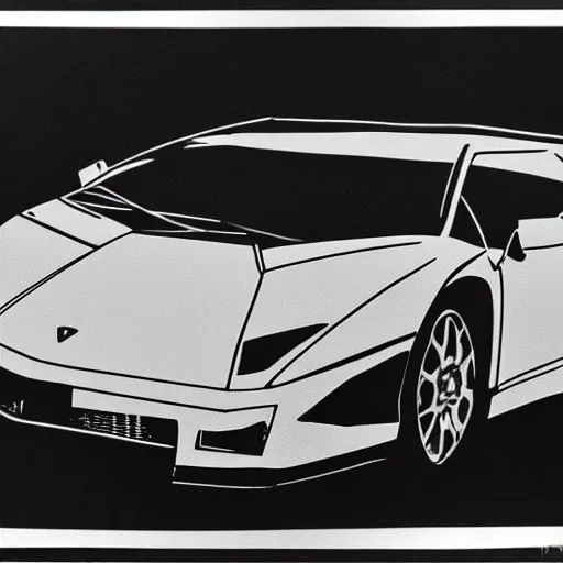 Image similar to a portrait of a Lamborghini, made by Andy Warhol, two tone, very high contrast, only black and white, simplistic, extremely high contrast, two tone, notan art, by Andy Warhol, minimalistic,