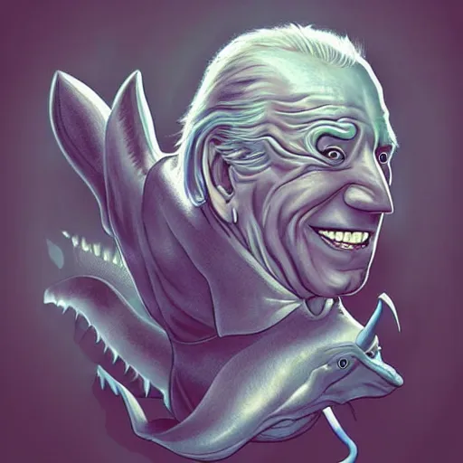 Image similar to joe biden sharkman, animal transformation, lovecraftian sea creature, swimming, furry by artgerm