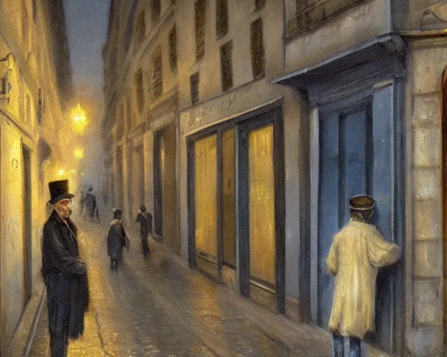 Prompt: a ragged clothed man begging on a street in early 2 0 th century paris. he has a top hat. street lights. evening. warm atmosphere. epic scene. blue vivid colours. 4 k, hyperdetailed. realism