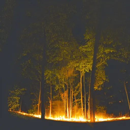 Image similar to a photo of a nighttime scene with a fire illuminating the trees