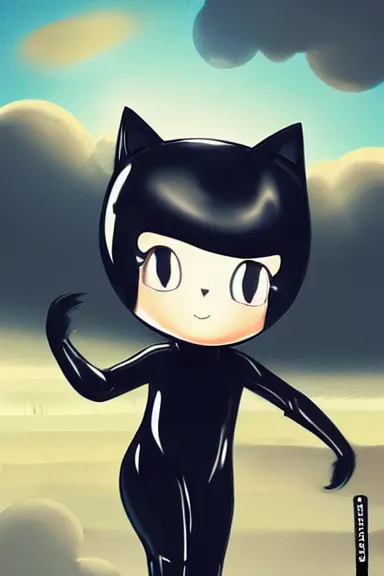 Image similar to little boy in black latex suit with cape an cat ears, artwork made by ilya kuvshinov