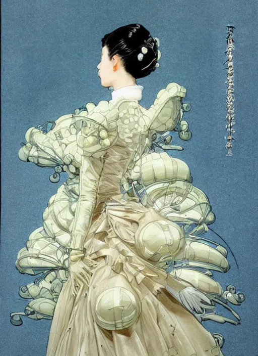 Prompt: a copic maker art nouveau portrait of a real japanese model girl detailed features wearing a puffy futuristic weeding puffy and latex suit dress designed by balenciaga by john berkey, norman rockwell akihiko yoshida