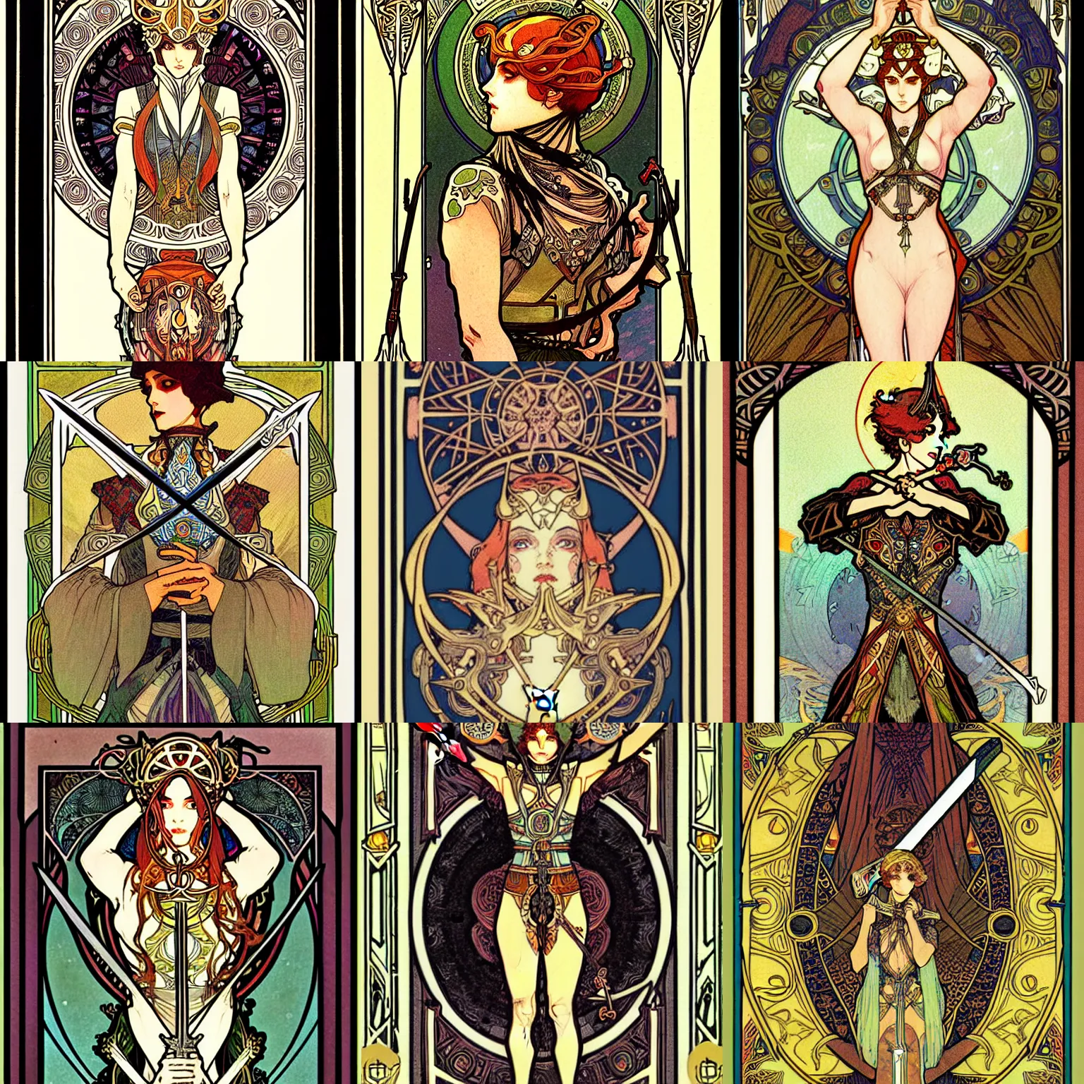 Prompt: ornate tarot card, floating symmetrical sword, illustration, elegant, digital painting, by mucha