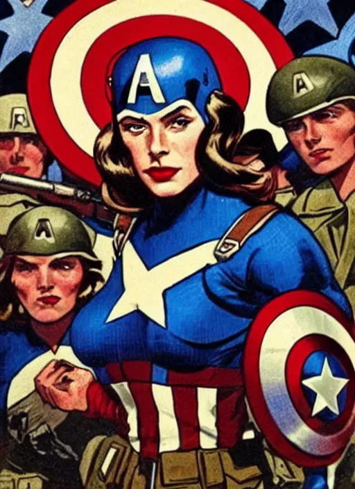 Image similar to beautiful 🦸🏾♀ female captain america standing on a pile of defeated, beaten and broken german soldiers. feminist captain america wins wwii. american wwii propaganda poster by james gurney. gorgeous face. overwatch
