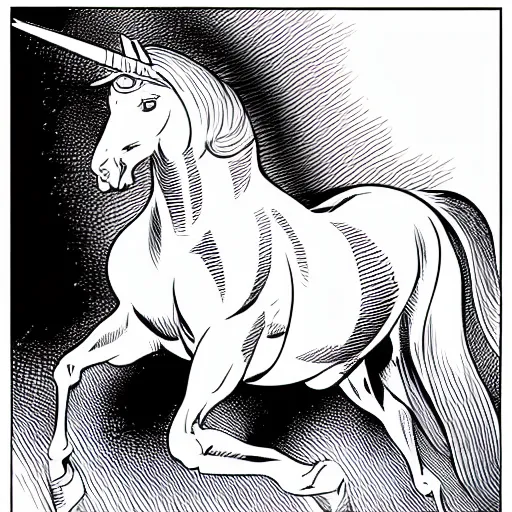 Prompt: clean simple line art of a beautiful elegant unicorn. white background. well composed, clean black and white line drawing, beautiful detailed face. illustration by steve ditko and jack kirby and greg rutkowski