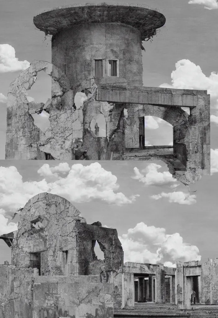 Image similar to sightseeing in hiroshima japan, picturesque view of the atomic bomb dome memorial ruin, a photo collage detailed painting, in the style of wes anderson, lola dupre, david hockney, rene magritte, isolated on negative white space background, dark monochrome with neon airbrush accents, volumetric octane render