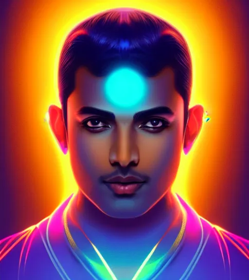 Image similar to symmetry!! indian prince of technology, solid cube of light, hard edges, product render retro - futuristic poster scifi, lasers and neon circuits, brown skin handsome indian prince, intricate, elegant, highly detailed, digital painting, artstation, concept art, smooth, sharp focus, illustration, dreamlike, art by artgerm