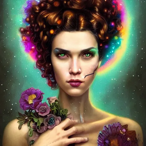 Prompt: Lofi cyberpunk portrait beautiful woman with short brown curly hair, roman face, unicorn, rainbow, floral, Tristan Eaton, Stanley Artgerm, Tom Bagshaw