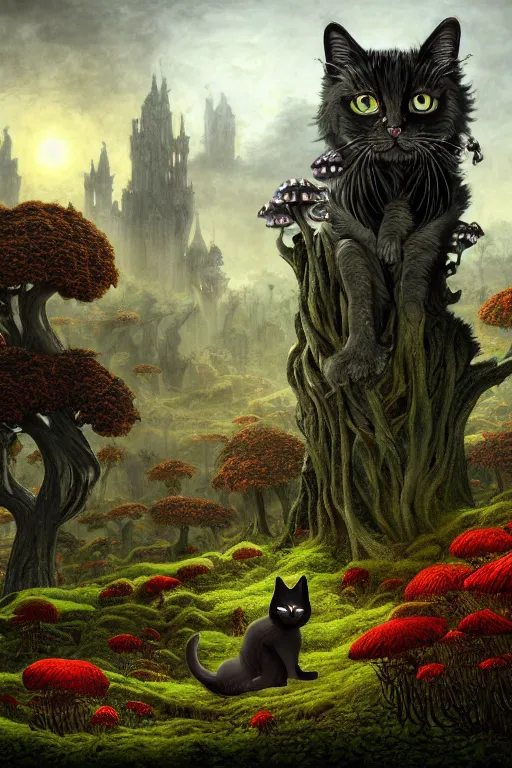 Image similar to a beautiful digital illustration painting of a detailed gothic fantasy cats and roots, dark mushroom, flowers by benoit b. mandelbrot, steven belledin, martin johnson heade, lee madgwick, caspar david friedrich, and david rios ferreira. 8 k resolution trending on artstation concept art digital illustration