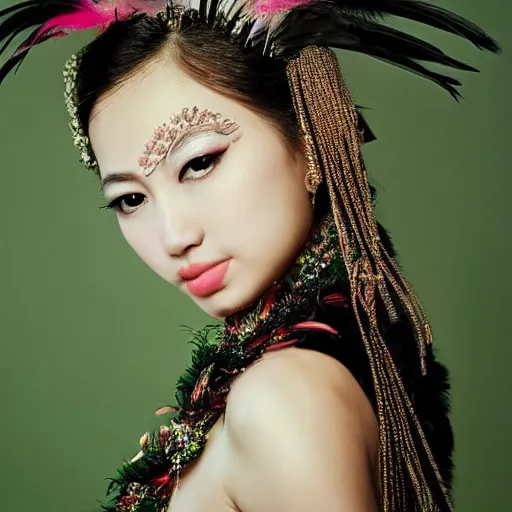 Image similar to portrait of asian princess bird sitting on the tree brunch, fashion photography, dress with feathers, jewellery, beautiful face, elegant, stylish, cool, deep gaze, emotionally touching, tenderness, high quality, photo realistic, work in the style of annie leibowitz