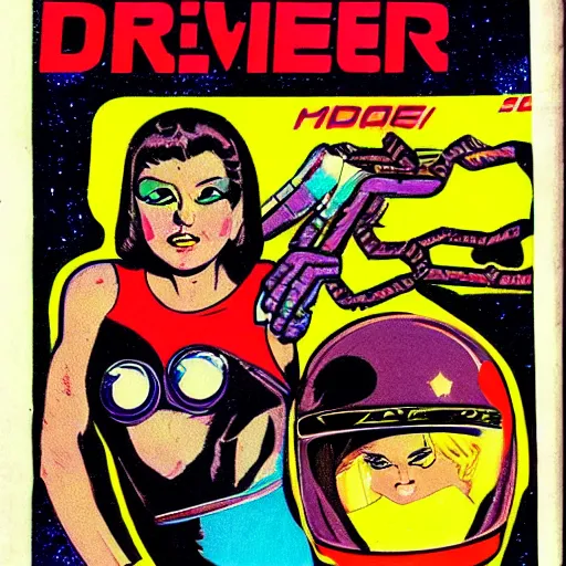 Prompt: alien racing drivers, space, comic, racers, retro, 70s, comic book, girl