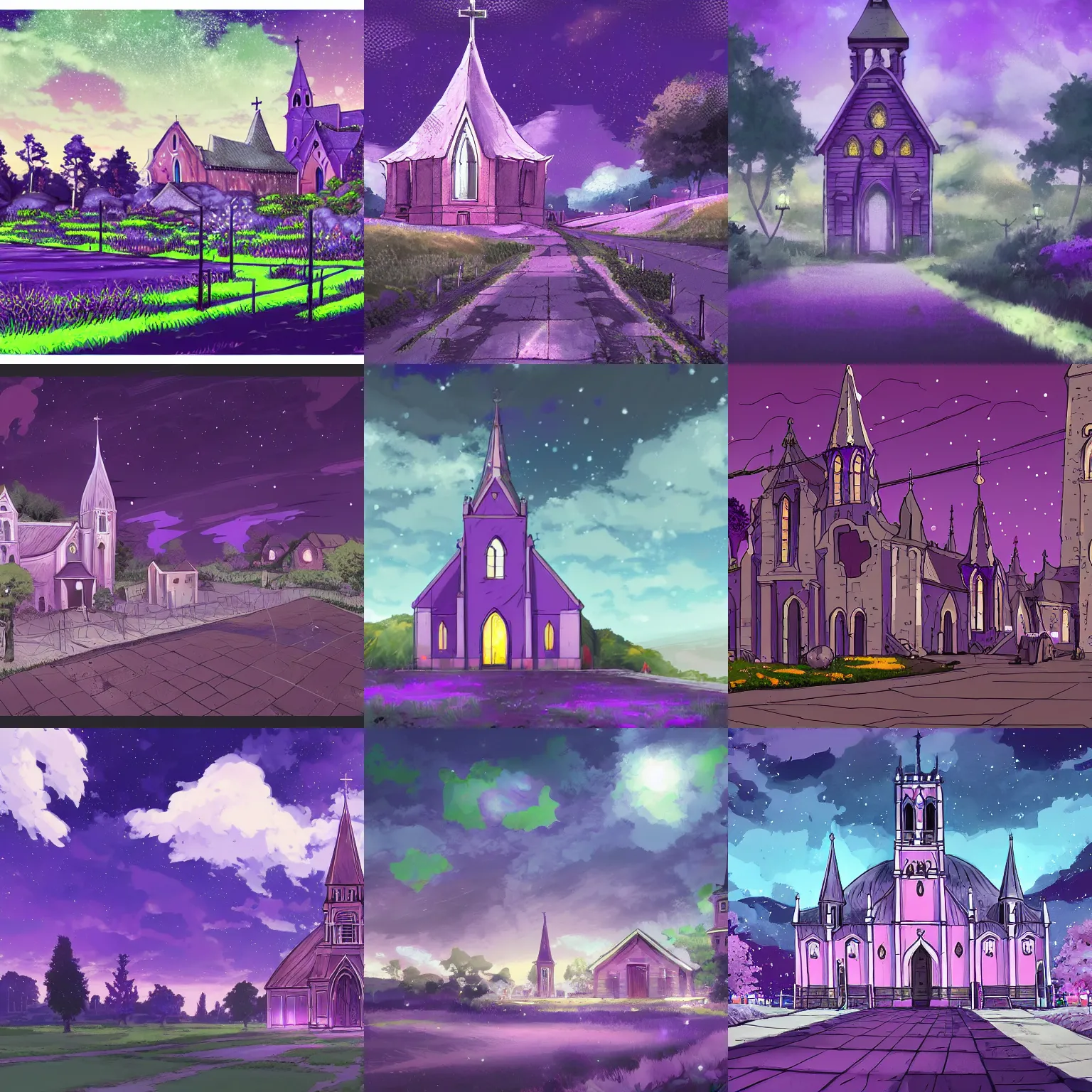 Prompt: purple church and wet ground under night sky,anime background for half-length character,very detailed,trending on artstation, view above,ghibli studio style,