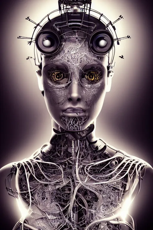 Prompt: profile face portrait of a beautiful female steampunk cyborg, high fashion, capacitors, neon lenses for eyes, mandelbrot fractal, anatomical, white flesh, facial muscles, wires, microchip, veins, arteries, full frame, microscopic, elegant, highly detailed, ornate, rim light, octane render, h. r. giger, and bouguereau