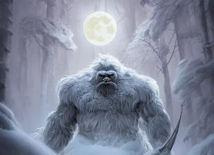 Image similar to giant muscular yeti monster with glowing yellow eyes and twisted horns towering over snow covered trees, highly detailed, digital painting, artstation, concept art, matte, sharp focus, illustration, dramatic, full moon, art by artgerm and greg rutkowski and alphonse mucha