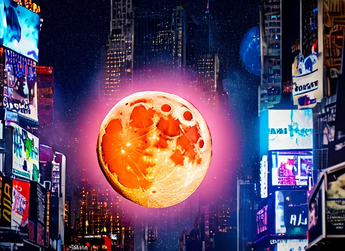 Image similar to film still of the moon shattering into pieces exploding moon over time square in the new disaster, 8 k, night time