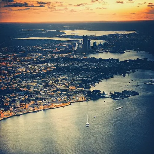 Prompt: “a drone shot of Sydney dappled in sunset. Duo tone orange and blue photography, 35mm”