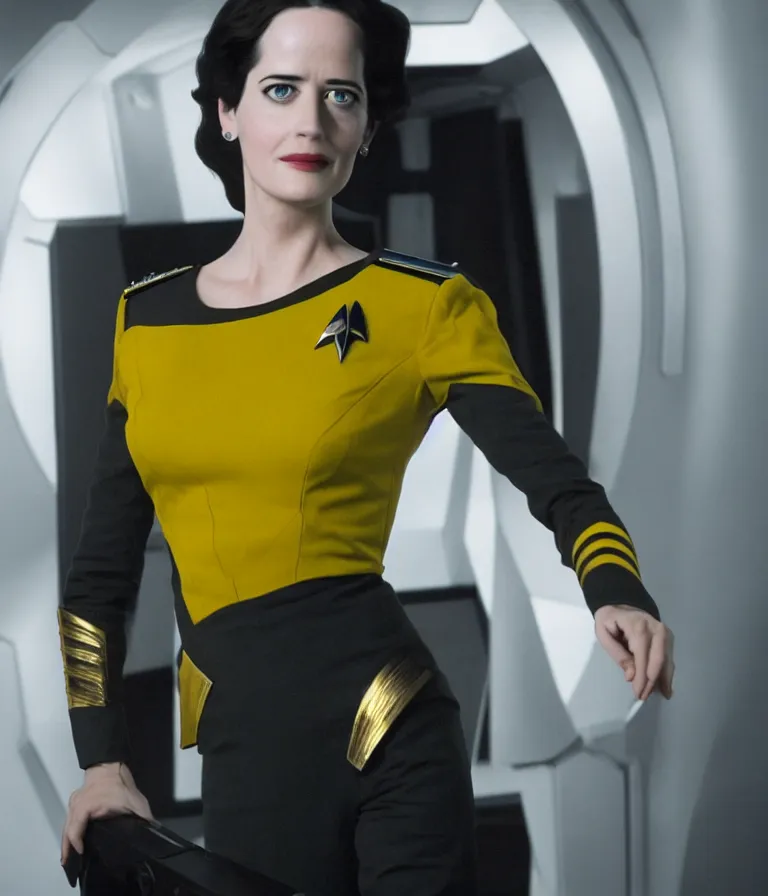 Image similar to a full body photograph of 3 0 year old eva green as a star fleet officer from star trek next generation, ultra rendered, extreme realism and detail, 8 k, highly detailed, realistic, completely framed, hyper realistic, colorful, direct lighting, 3 5 mm photo, photorealistic, sharp focus