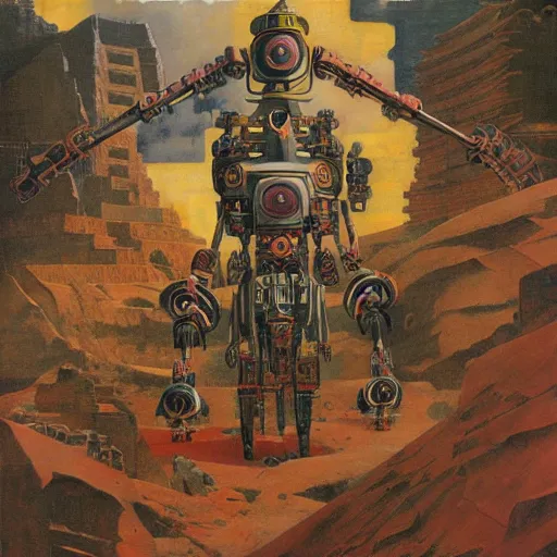 Image similar to elaborate mayan art deco mecha in mesa landscape by j. c. leyendecker, bosch, and beksinski