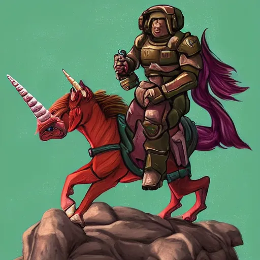 Prompt: doomguy riding a unicorn, game art, trending on artstation