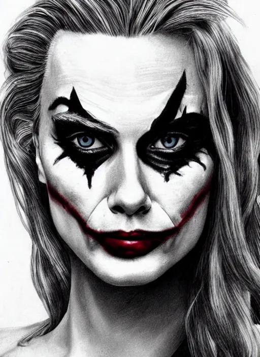 Image similar to pencil drawing of margot robbie with joker makeup, ace card, realistic face, black and white, hyper realistic, highly detailed