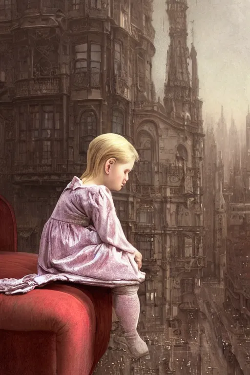 Prompt: photorealistic portrait photograph of a sad pale victorian robot child sitting on a red sofa made of human bones, surreal cityscape background, fantasy, depth of field, soft focus, highly detailed, intricate, realistic, national geographic cover, soft glow, textured, artstation, concept art, sharp focus, illustration, art by artgerm and greg rutkowski and alphonse mucha