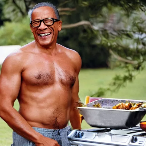 Image similar to gus fring cooking at a family barbecue with no shirt on, laughing out loud