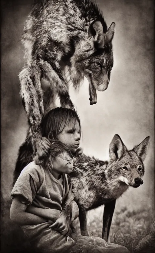 Image similar to Award winning Editorial photo of a Iroquois Native petting a wild coyote by Edward Sherriff Curtis and Lee Jeffries, 85mm ND 5, perfect lighting, gelatin silver process