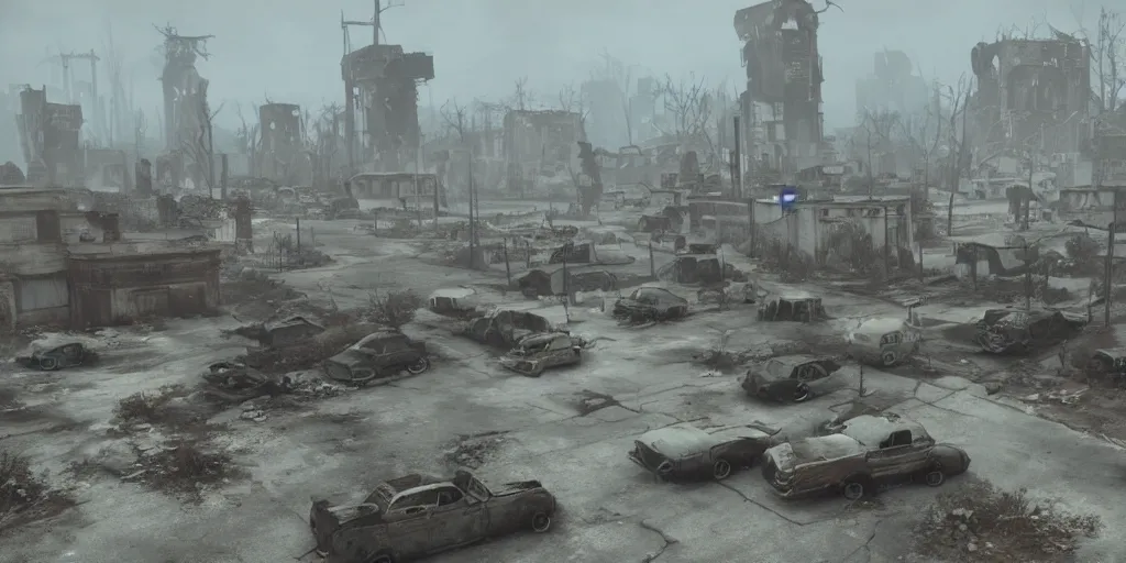 Prompt: wide angle shot of dilapidated fallout 5 city in real life, desolate dilapidated overgrown town, empty streets, nightmarish, some rusted retro futuristic fallout style parked cars and trucks, overcast, blankets of fog pockets, rain, volumetric lighting, beautiful, daytime, spring, sharp focus, ultra detailed, cgsociety