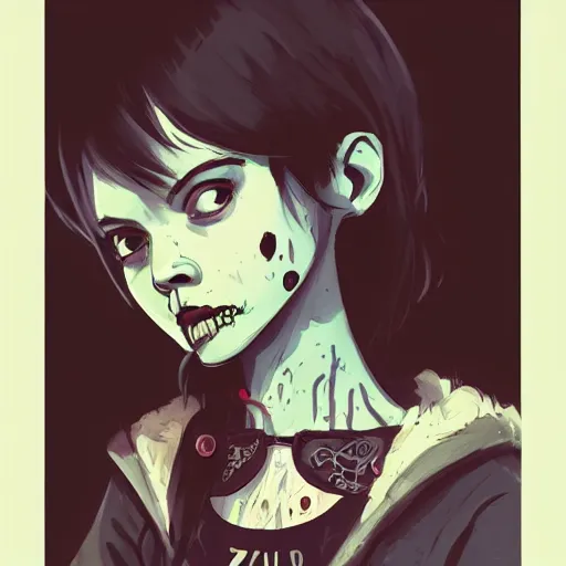 Image similar to Highly detailed portrait of a punk zombie young lady by Atey Ghailan, by Loish, by Bryan Lee O'Malley, by Cliff Chiang, ((dark blue moody background))