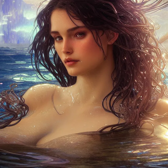 Prompt: close up portrait of a beautiful female mermaid, shiny skin, wet, artistic, magical water background with caustics, light rays, fantasy atmosphere. art by artgerm and greg rutkowski and alphonse mucha, highly detailed, intricate, lifelike. sci - fi, fantasy, magical, octane render, nikon d 8 5 0.