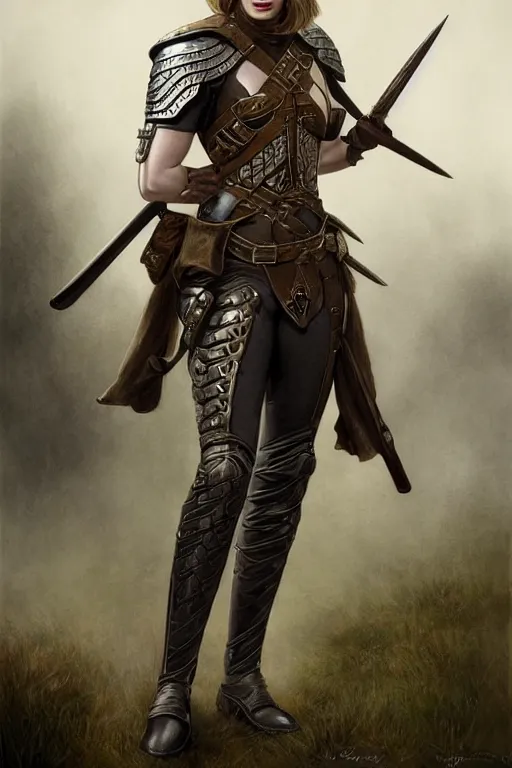 Prompt: full - body portrait of emily blunt as a ranger, metal breastplate, magical, high fantasy, d & d, by john collier, face details, extremely detailed, digital illustration