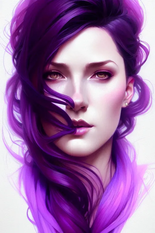 Image similar to Purple hair, creative colouring Portrait of woman, fashion, intricate, elegant, highly detailed, digital painting, artstation, concept art, smooth, sharp focus, illustration, art by artgerm and greg rutkowski and alphonse mucha