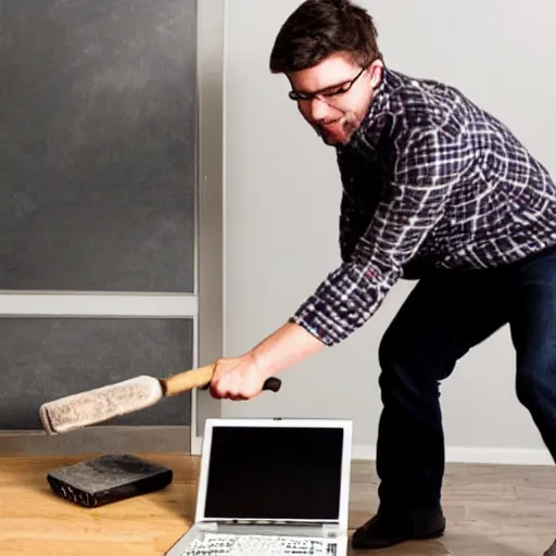 Prompt: programmer smashing laptop with a sledgehammer