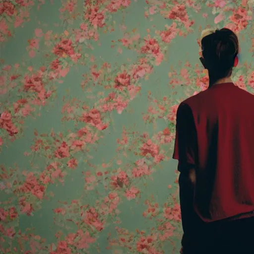 Prompt: kodak portra 4 0 0 photograph of a skinny blonde guy standing in front of floral wallpaper, back view, moody lighting, telephoto, 9 0 s vibe, blurry background, vaporwave colors, faded!,