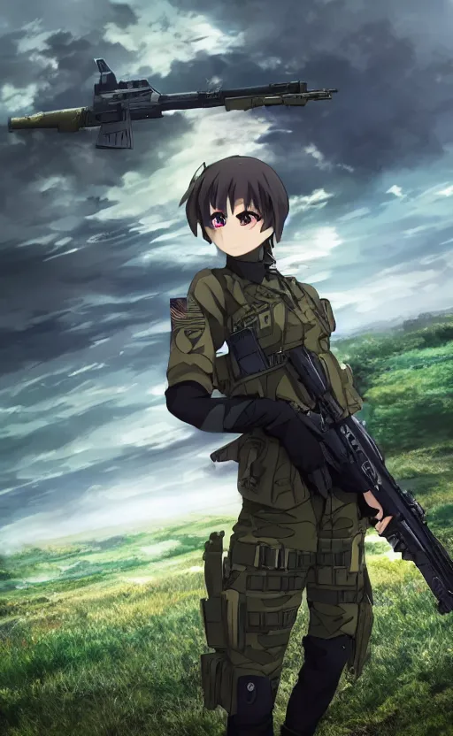 Prompt: girl, trading card front, future soldier clothing, future combat gear, realistic anatomy, concept art, professional, by ufotable anime studio, green screen, volumetric lights, stunning, military camp in the background, perfect eyes
