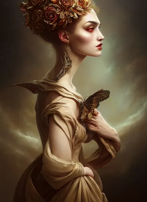 Prompt: a beautiful woman with baroque dress, painted by artgerm and tom bagshaw, fantasy art, dramatic lighting, highly detailed oil painting