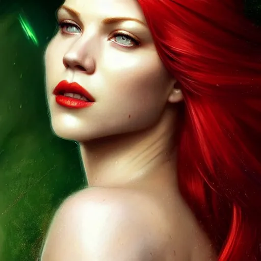 Image similar to beautiful Katheryn Winnick with red hair and a green gem on her forehead and dark red lips, closeup, D&D, fantasy, elegant, highly detailed, digital painting, artstation, concept art, matte, sharp focus, illustration, art by Artgerm and Greg Rutkowski and Alphonse Mucha