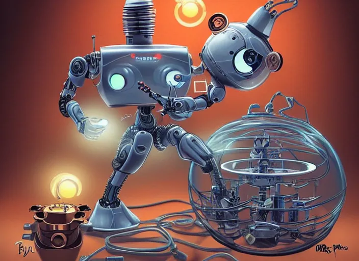 Image similar to A robot in front of Machines holding a robotic egg. Pirayas swimming in the air. Copper and gears. Artwork by Brian Despain and artgerm