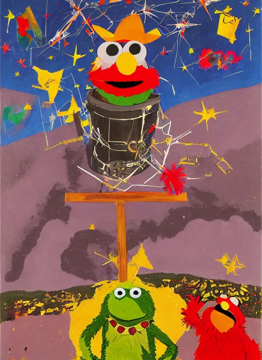 Image similar to expressionistic decollage painting, trash can tarot card fool with sesame street elmo and kermit muppet knight on a horse in a dark red cloudy night sky with golden foil jewish stars, mountain lake and blossoming field in background painted by adrian ghenie, francis bacon, daniel richter and hilma af klint, pixel art, buff painting, low effort graffiti, rich deep colors, ultra naive, children painting, 8k, extreme detail, masterpiece