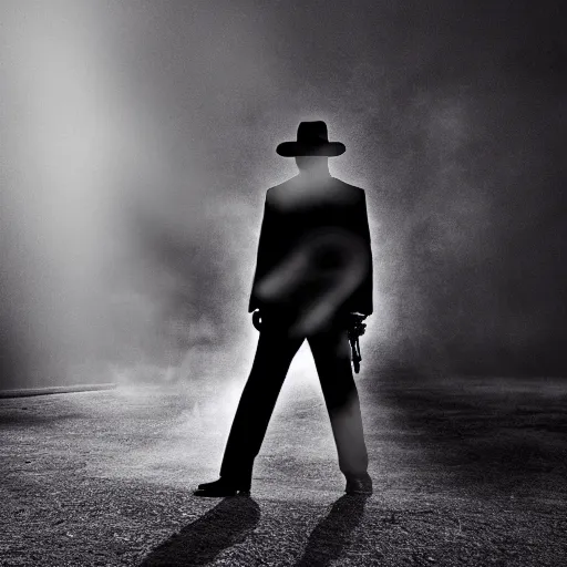 Image similar to white light from right, mysterious man in black suit and black hat, he has a pistol, smoke, fog, mysterious, 4 k, highly detailed, digital art, strong shadows, high contrast, epic scene, atmospheric, blue colours, old photograph