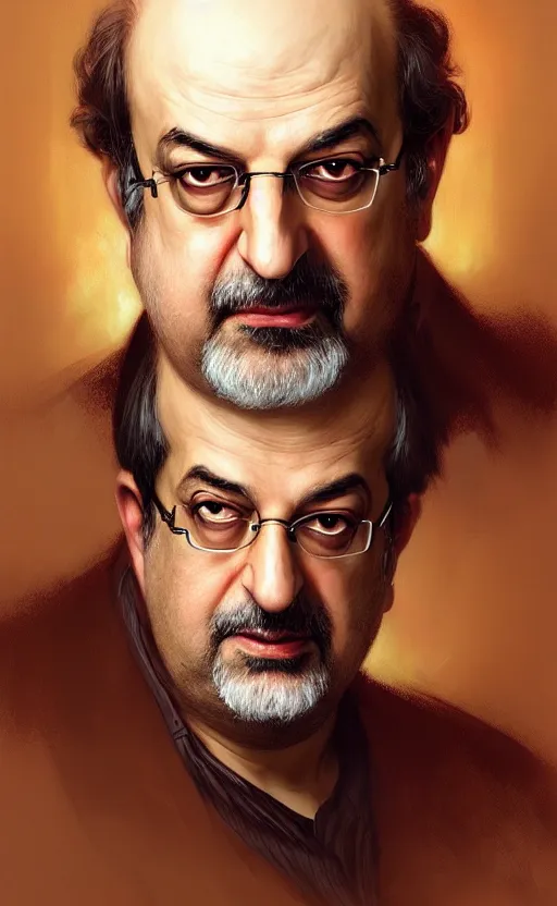 Image similar to portrait of salman rushdie, deep focus, d & d, fantasy, intricate, elegant, highly detailed, digital painting, artstation, concept art, matte, sharp focus, illustration, art by artgerm and greg rutkowski and alphonse mucha